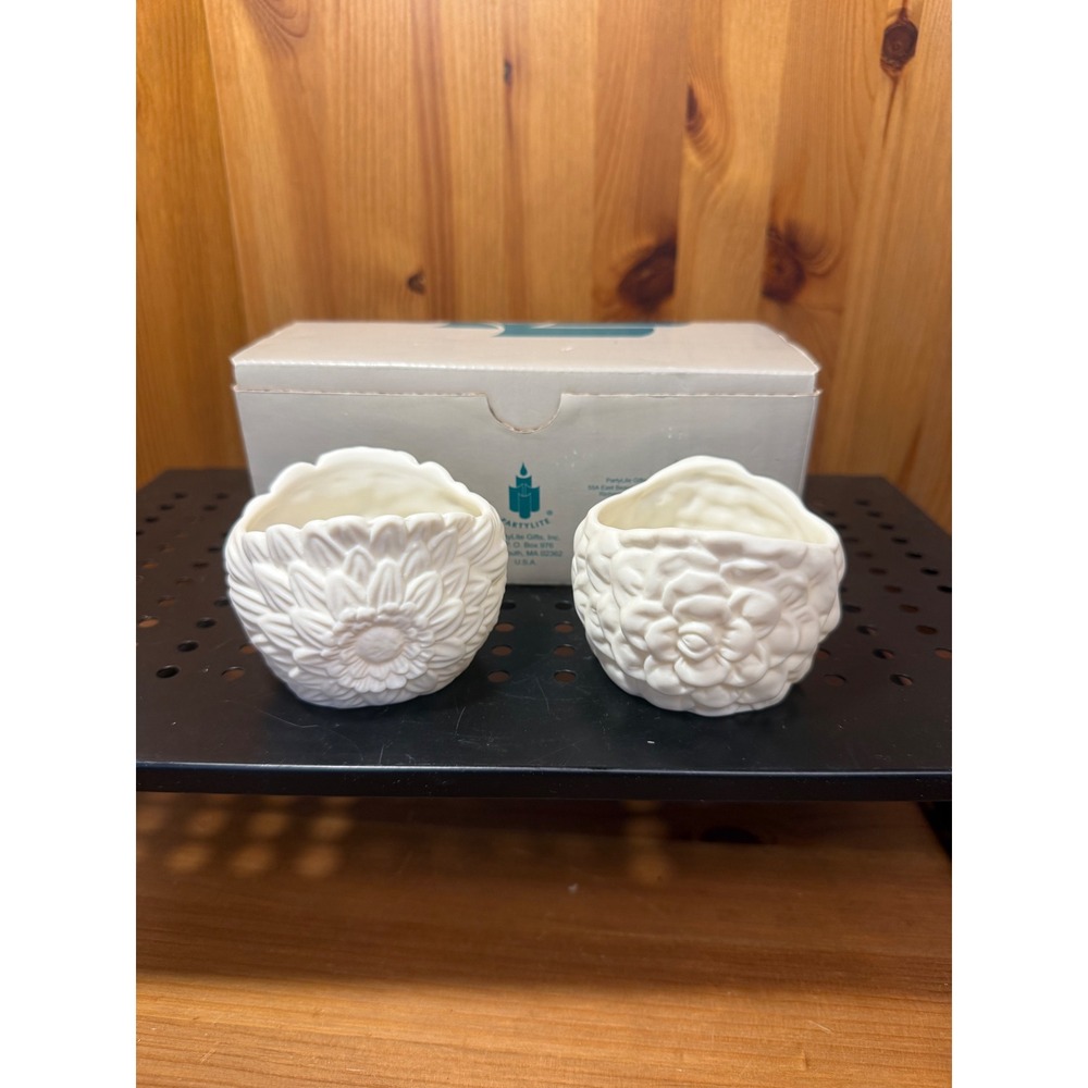 PartyLite May Flowers Tealight Holders P7134 White Bisque Porcelain Set of 2